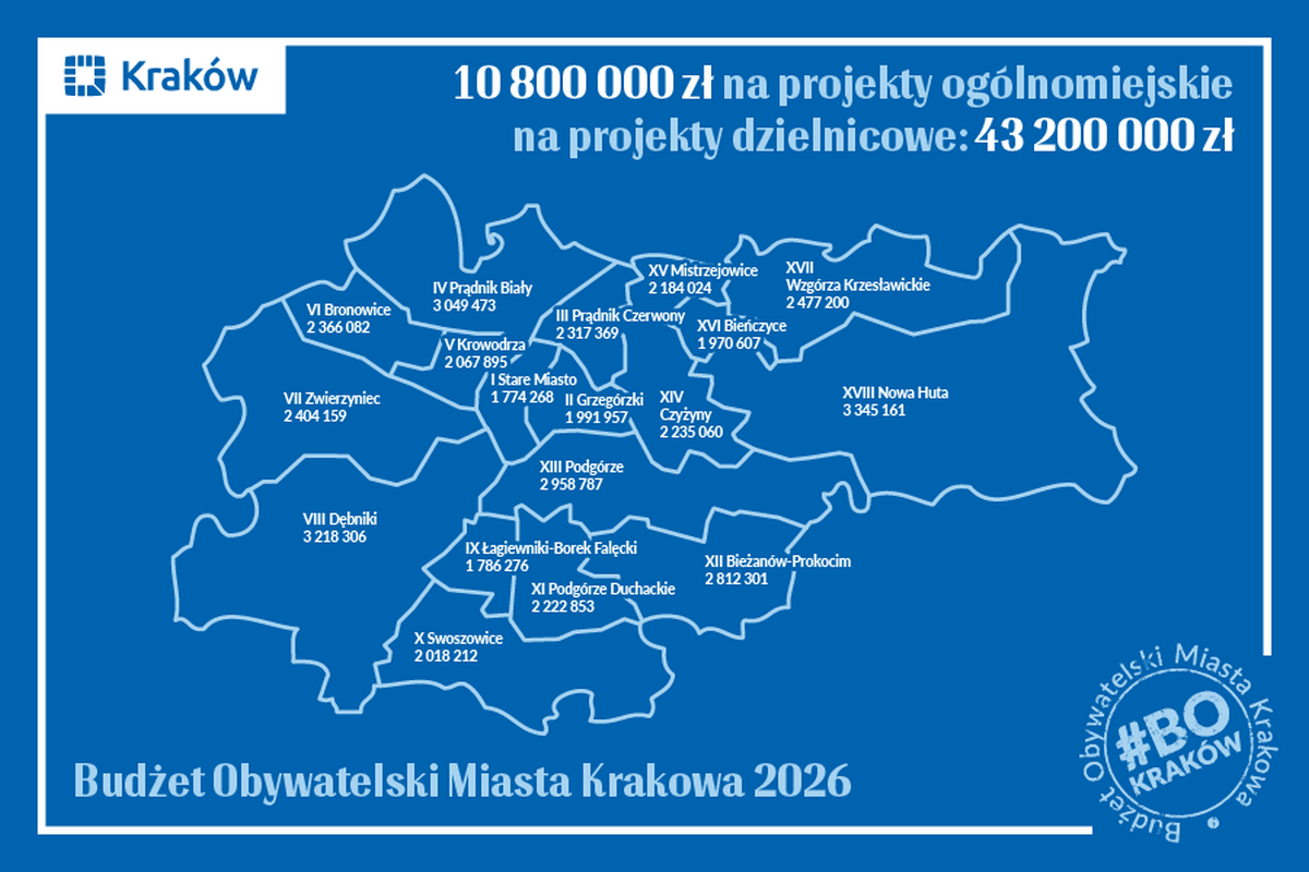 Grafika przedstawia podział środków na projekty dzielnicowe w 13. edycji Budżetu Obywatelskiego