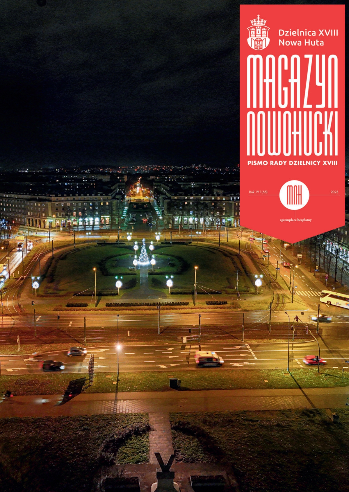Okładka magazynu nowohuckiego - plac centralny nocą - widok z lotu ptaka