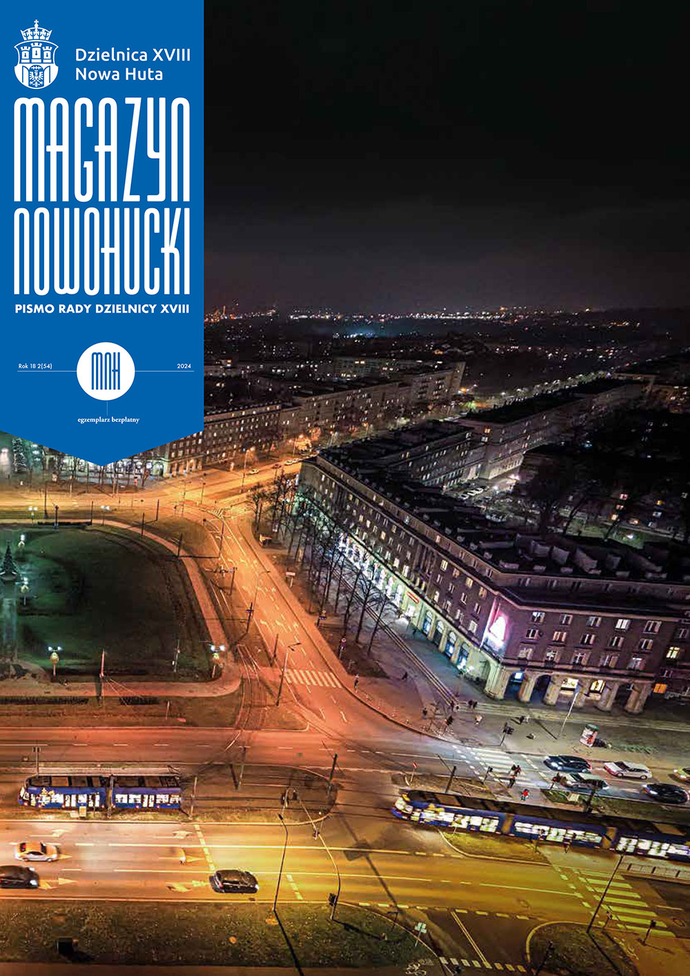 Okładka magazynu nowohuckiego - plac centralny nocą - widok z lotu ptaka